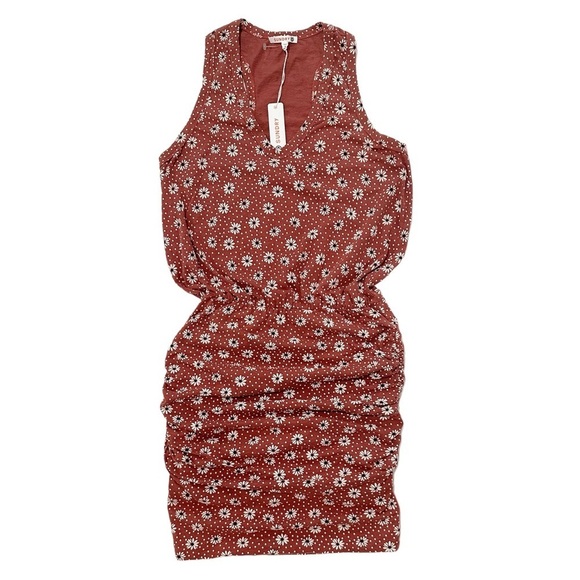 New Sundry Ruched Knit Sleeveless Racerback Flower Print Blouson Mini Dress L - Picture 2 of 10